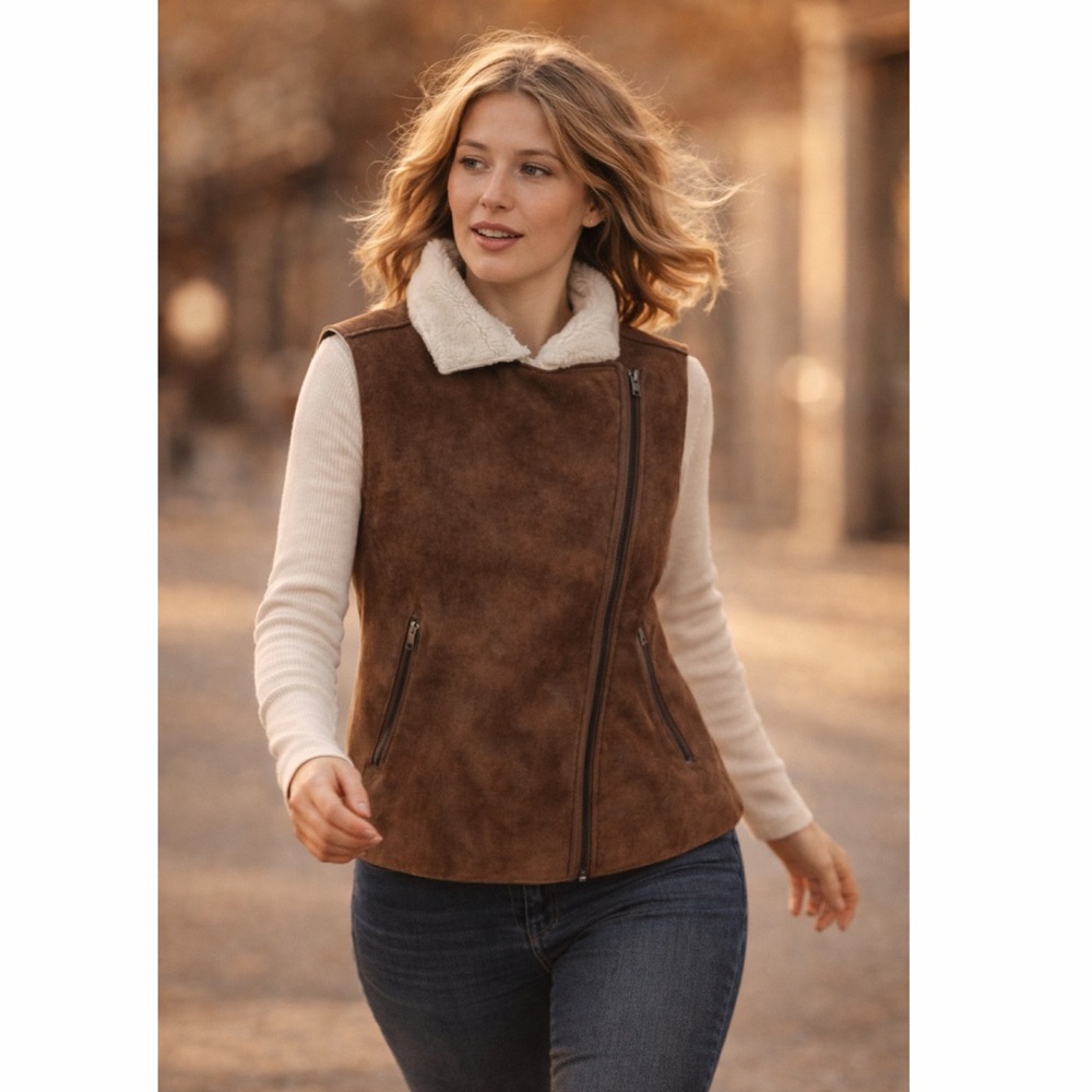 Lost April Faux‎ Suede Sherpa Lined Vest Brown Moto Zip Women’s M